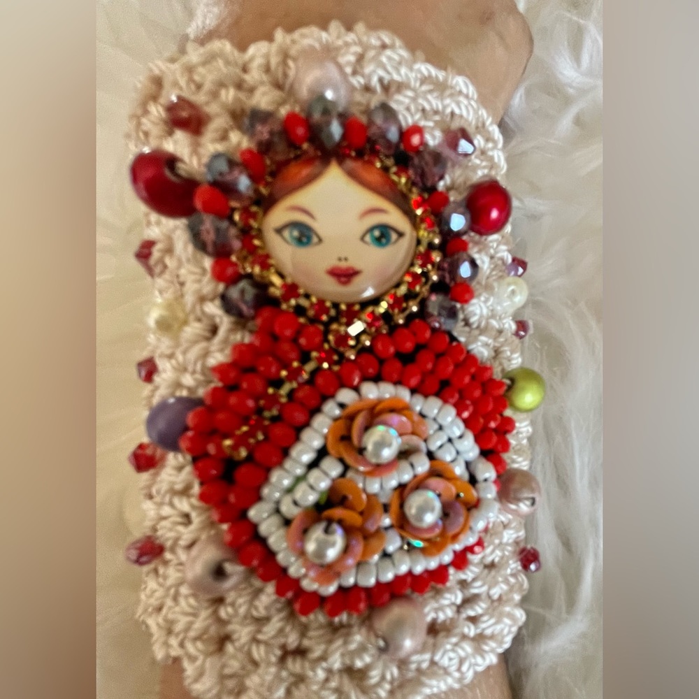 Hand Knits 2 Love Crochet Bracelet Russian Matrioshka Beaded Designer Fashion